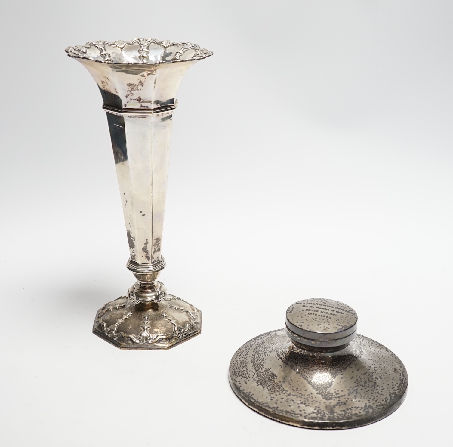 An Edwardian silver trumpet vase, London, 1906, 23.3cm, weighted and a silver mounted inkwell.